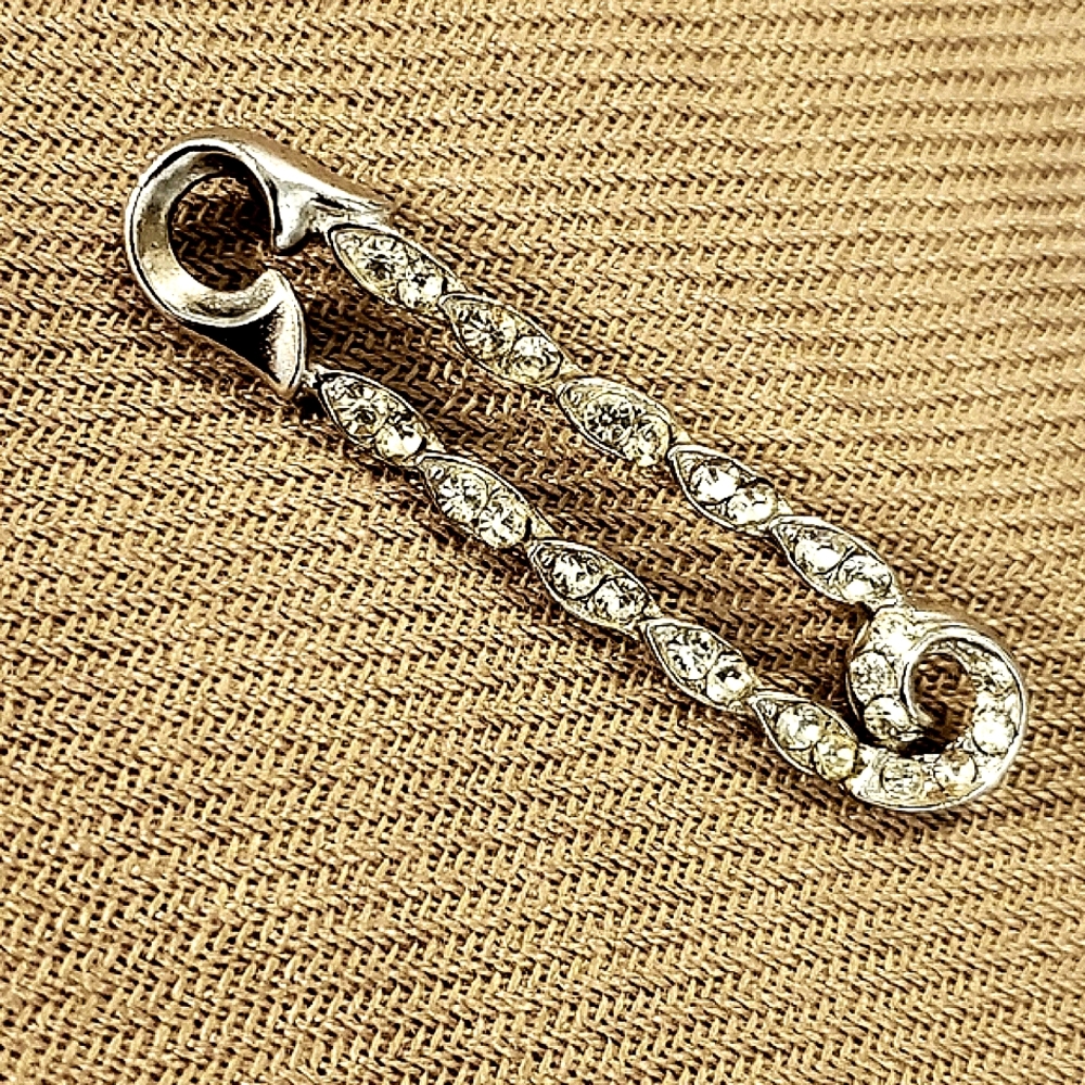 Art Deco Brooch Pin Silver Safety Pin with Rhinestones